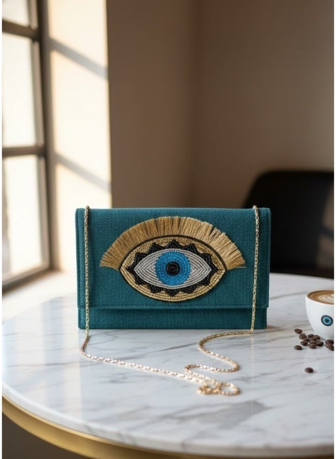 zoba Elegant women's wallet bag with a gold chain - can be worn crossbody or clutch - distinctive and luxurious eye design for outings and occasions (Turquoise) - Image 2